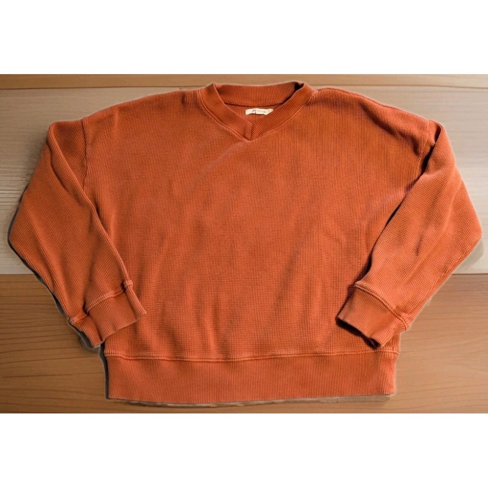 Madewell Waffle Knit Sweatshirt Womens Small Rust Orange V Neck Thermal Pullover